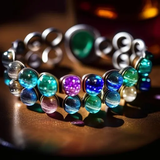 Prompt: bracelet with seven glittering gemstones, on a table, medieval setting