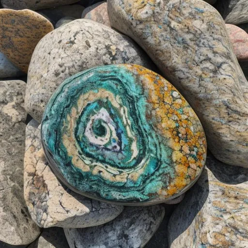 Prompt: a small stone, with a swirling pattern, multicolored rock