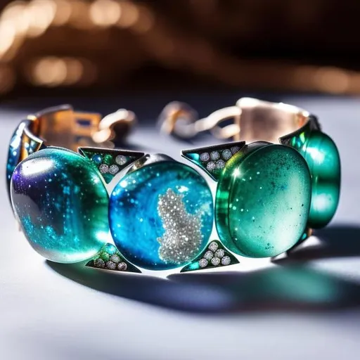 Prompt: bracelet with seven glittering gemstones, on a table, medieval setting