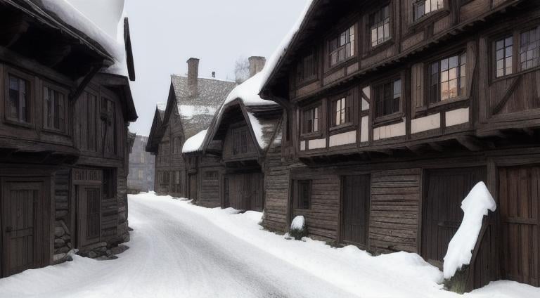 Prompt: old medieval wooden buildings, at night, with snow, no light, empty street, crowded buildings, run down, ramshackle, poor, broken, garbage