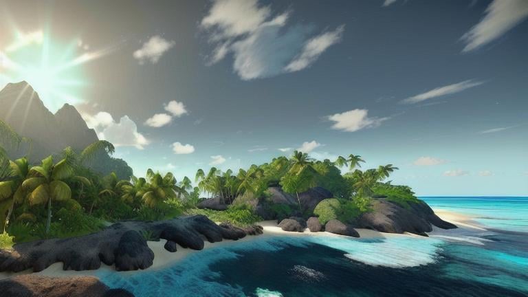 Prompt: untamed wilderness island, with lush green trees and shrubs, with a white sand beach, and choppy blue waters with waves, sunny sky, highly detailed, realistic image, unreal engine style