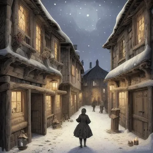 Prompt: artwork depicting the somber, squalid slums of a medieval town at night. The single-story, snow-covered buildings are tightly packed, made of old, decaying wood. Few candle lanterns dimly illuminate the otherwise dark, narrow street, casting eerie shadows. Among the buildings, there is the entrance to a rundown tavern. The artwork should evoke a sense of melancholy, emphasizing the poverty and harsh living conditions of the residents, and the unforgiving atmosphere of the surroundings.