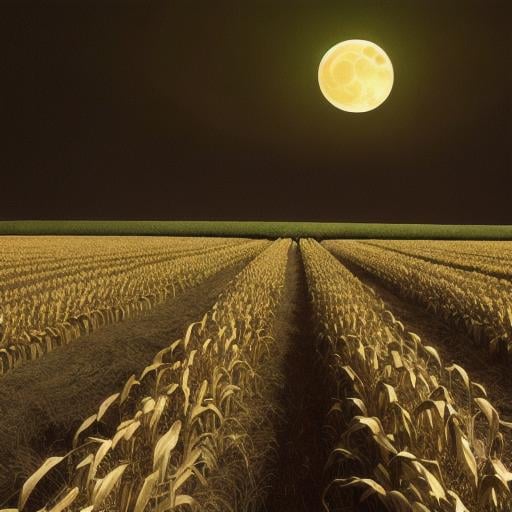 Prompt: scary cornfield at night, with rows of scarecrows at the front, full moon