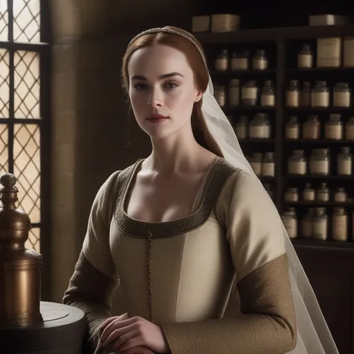 Prompt: a medieval woman, standing in an apothecary, with white pale skin, with thin eyebrows, with a high hairline and big forehead, with rosy cheeks, wearing a medieval gown
