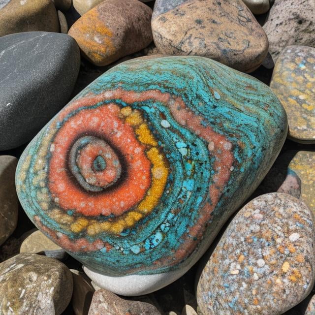 Prompt: a small stone, with a swirling pattern, multicolored rock