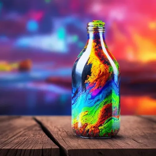 Prompt: a small glass bottle, filled with colorful liquid, on a table, fantasy setting