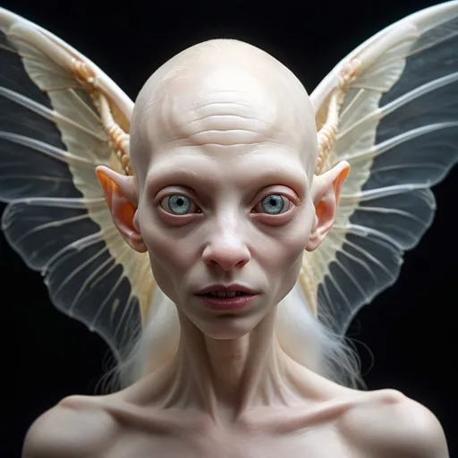 Prompt: hyperrealistic iconic creative professional Photo of a awe inspiring anthropomorphic  feminine albino  winged scaled alien creature , fragile transparent wings (1.3) , in a Dark Diabolical Ambient mouth with rotting teeth background , photo-realistic   , precise detailed eyes, stoic look at the camera, volumetric light,  alluring   ,detailed features, Vibrant saturated tones, extremely high detailed immaculate image,Sony Alpha 1 35mm f8, , volumetric light, professional retouched photo, UHD :: extremely high detailed immaculate image (1.3)