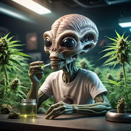 Prompt: highly detailed crisp intense photo of a carboniferous biological alien he has bong brain ,realistic textured soft-tissue ,wearing tourist t-shirt sitting in a smoke filed cannabis-shop ,perfect crisp photorealistic facial features, happy look at the camera,  Sony Alpha 1 , volumetric light ,  hyper detailed cinematic , professional retouching , UHD , trending on artstation,