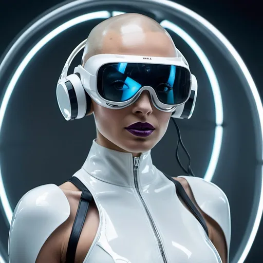 Prompt: highly detailed photo by Mark Seliger of beautiful (Anella Miller) as a bald elite model ,in futuristic minimalist white latex outfit, wearing a futuristic VR Headset and controllers sensors (wearables) and a transparent plexiglass face globe, vibrant color editorial for FHM magazine cover, posing edgy dynamic, looking stoic at the camera, mysterious smile, perfect photorealistic facial features, Sony Alpha 1, volumetric light, ultra modern brutalist concrete architecture background, professional retouched photo, UHD, Gattaca biopunk aesthetic, extremely high detailed immaculate image (1.3)