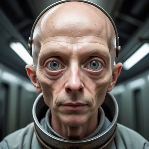 Prompt: dramatic iconic creative Hendrik Kerstens style portrait Photo of (exceptional detailed) a pale alien with extra big eyes and elongated head, wearing a intricate space uniform , welding goggles screen mask, train interior background, bald head, photo-realistic skin texture, stoic eyes, Intense gaze at the camera, alluring smile ,extreme detailed facial features, Leica 85mm F4, Vibrant tones