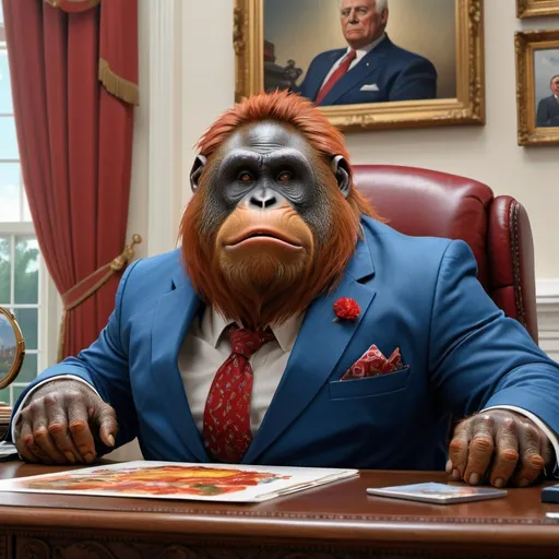 Prompt: stunning cinematic and hyper detailed centered face and shoulder portrait of anthropomorphic fat overweight orangutan wearing a blue 3 piece suit (red ti) sitting on the Resolute desk in the oval-office eating a happy meal, looking smug at the camera, an intricate and hyperdetailed painting in style of norman rockwell, Earl Moran, Tjalf Sparnaay, extremely high detailed immaculate image (1.3) trending on artstation, deep colors, ZBrush Central, CGSociety, UHD