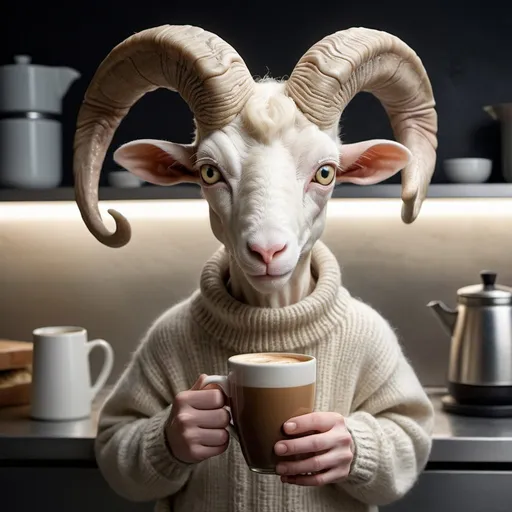 Prompt: hyperrealistic iconic creative professional Photo by Tim Flach of a cute happy anthropomorphic ram-horned albino alien creature with elongated neck in a in a modern concrete kitchen background, in a wool sweater, is holding a espresso coffee,  photo-realistic , perfect detailed eyes, Intense look at the camera, alluring ,detailed features, , Vibrant saturated tones,extremely high detailed immaculate image,Sony Alpha 1 35mm f8, , volumetric light, professional retouched photo, UHD
