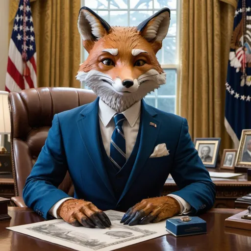 Prompt: stunning cinematic and hyper detailed photo of a anthropomorphic  fox wearing a 3 piece suit (blue ti) sitting on the Resolute desk in the oval-office drawing a stickfigure on paper, looking smug at the camera, an intricate and hyperdetailed painting in style of norman rockwell, Earl Moran, Tjalf Sparnaay, extremely high detailed immaculate image (1.3) trending on artstation, deep colors, ZBrush Central, CGSociety, UHD
