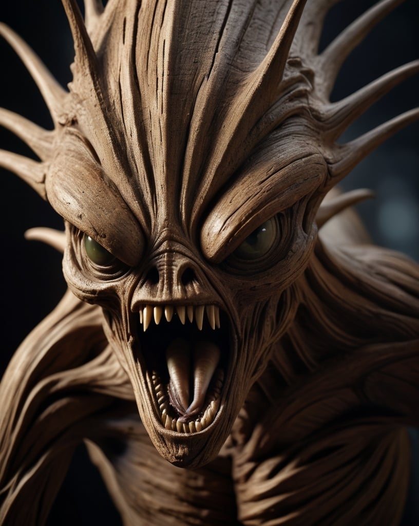 Prompt: Hyperrealistic iconic crisp flawless photo of a menacing carboniferous alien creature sculpted out of a teak-root: fine filigree details, realistic textured drift-wood patina::looking angry at the camera,  by Ray Collins :: sony alpha 1 :: bokeh, natural ambient lighting, ::chiaroscuro :: masterpiece :: sharp focus :: extremely high detailed immaculate image (1.3)