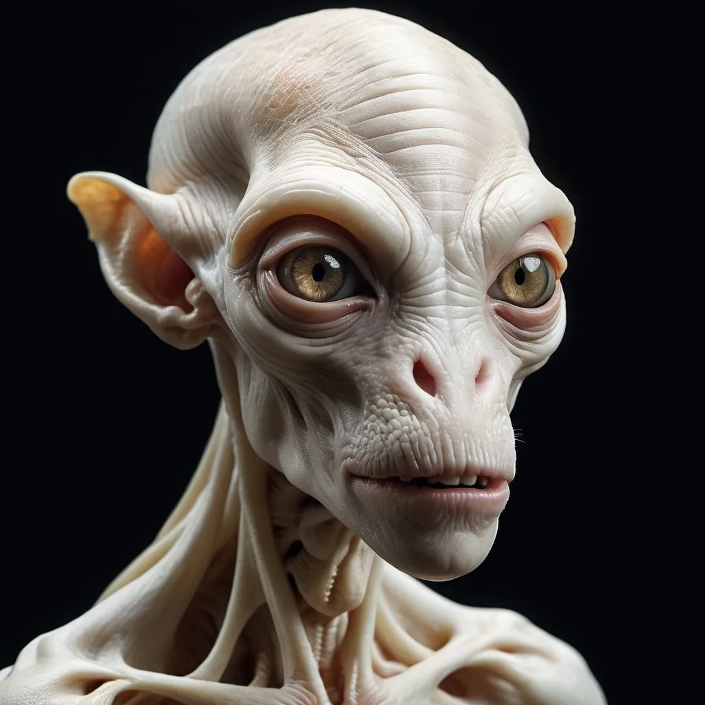 Prompt: Hyperrealistic iconic crisp flawless photo by Tim Flach of a Highly advanced anthropomorphous amphibious biological furry albino alien hybrid with wide bone plated head sculpted out of a teak-root: fine filigree details, realistic textured patina , concrete room background:: Intricate + Hypermaximalist :: detailed eyes + highly detailed expressive face + perfect proportions :: beautiful professional photography :: by Ray Collins :: sony alpha 1 :: bokeh, natural ambient lighting, ::chiaroscuro :: masterpiece :: sharp focus :: extremely high detailed immaculate image (1.3)"