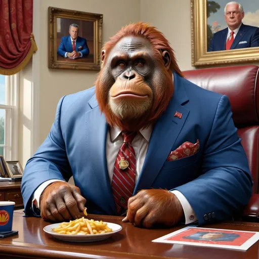 Prompt: stunning cinematic and hyper detailed centered face and shoulder portrait of anthropomorphic fat overweight orangutan wearing a blue 3 piece suit (red ti) sitting on the Resolute desk in the oval-office with a  McDonald happy meal, looking smug at the camera, an intricate and hyperdetailed painting in style of norman rockwell, Earl Moran, Tjalf Sparnaay, extremely high detailed immaculate image (1.3) trending on artstation, deep colors, ZBrush Central, CGSociety, UHD