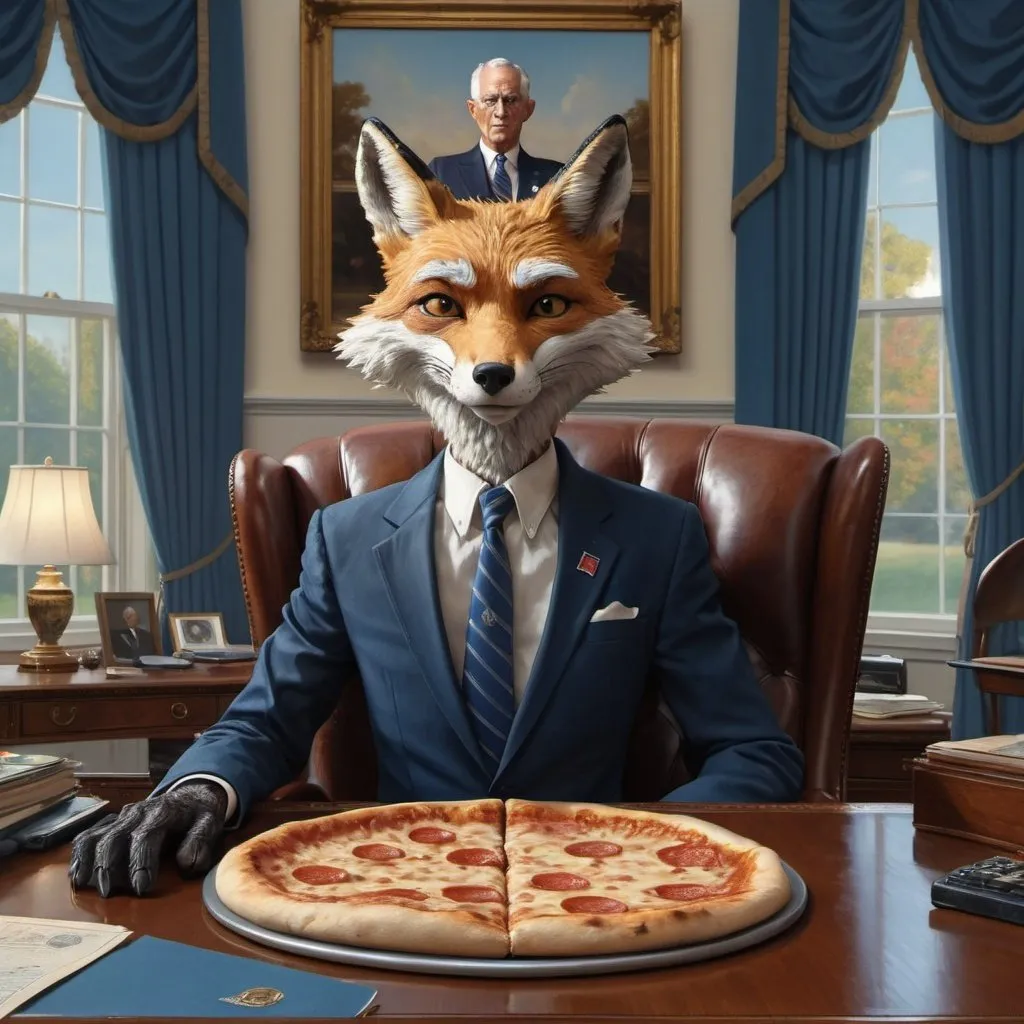 Prompt: stunning cinematic and hyper detailed centered face and shoulder portrait of anthropomorphic skinny old fox wearing a black 3 piece suit (blue ti) sitting on the Resolute desk in the oval-office with a slice of pizza, looking smug at the camera, an intricate and hyperdetailed painting in style of norman rockwell, Earl Moran, Tjalf Sparnaay, extremely high detailed immaculate image (1.3) trending on artstation, deep colors, ZBrush Central, CGSociety, UHD