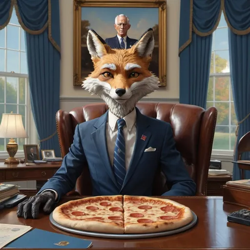 Prompt: stunning cinematic and hyper detailed centered face and shoulder portrait of anthropomorphic skinny old fox wearing a black 3 piece suit (blue ti) sitting on the Resolute desk in the oval-office with a slice of pizza, looking smug at the camera, an intricate and hyperdetailed painting in style of norman rockwell, Earl Moran, Tjalf Sparnaay, extremely high detailed immaculate image (1.3) trending on artstation, deep colors, ZBrush Central, CGSociety, UHD