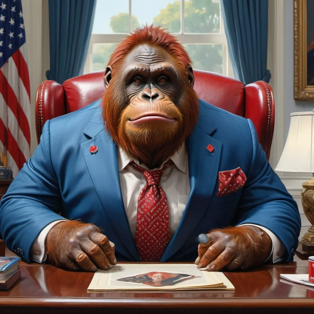 Prompt: stunning cinematic and hyper detailed centered face and shoulder portrait of anthropomorphic fat overweight orangutan wearing a blue 3 piece suit (red ti) sitting on the Resolute desk in the oval-office with a  cheesh-burger and coke, looking smug at the camera, an intricate and hyperdetailed painting in style of norman rockwell, Earl Moran, Tjalf Sparnaay, extremely high detailed immaculate image (1.3) trending on artstation, deep colors, ZBrush Central, CGSociety, UHD