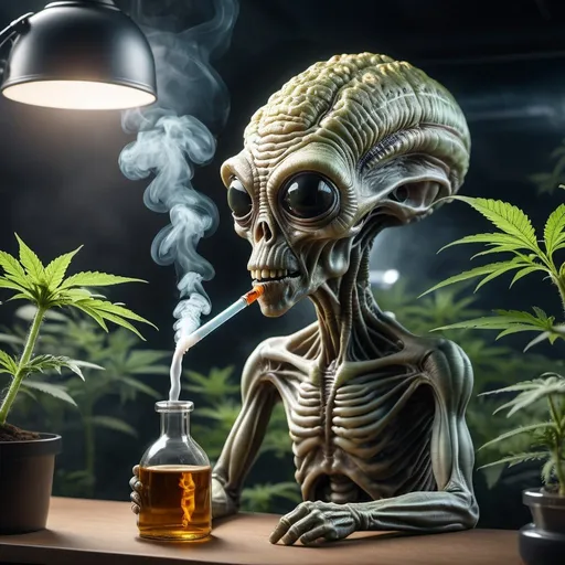 Prompt: highly detailed crisp intense photo of a carboniferous biological alien he has bong brain ,realistic textured soft-tissue ,in tourist tshirt sitting in a smoke filed Amsterdam cannabis-shop ,perfect crisp photorealistic facial features, happy look at the camera,  Sony Alpha 1 , volumetric light ,  hyper detailed cinematic , professional retouching , UHD , trending on artstation,