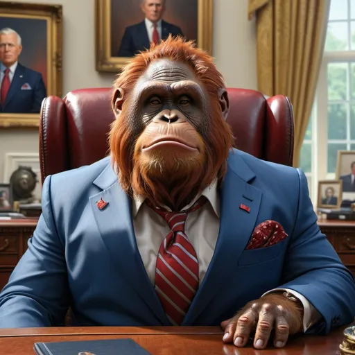 Prompt: stunning cinematic and hyper detailed centered face and shoulder portrait of anthropomorphic fat overweight orangutan wearing a blue 3 piece suit (red ti) sitting on the Resolute desk in the oval-office , looking smug at the camera, an intricate and hyperdetailed painting in style of norman rockwell, Earl Moran, Tjalf Sparnaay, extremely high detailed immaculate image (1.3) trending on artstation, deep colors, ZBrush Central, CGSociety, UHD