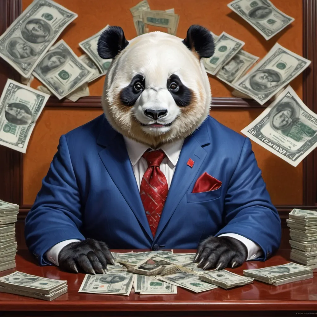 Prompt: stunning cinematic and hyper detailed centered face and shoulder portrait of anthropomorphic panda wearing a 3 piece linen royal blue suit (red ti) sitting at the desk of a china themed office with stacks of dollar bills, looking happy at the camera, an intricate and hyperdetailed painting in style of norman rockwell, Earl Moran, Tjalf Sparnaay, extremely high detailed immaculate image (1.3) trending on artstation, deep colors, ZBrush Central, CGSociety, UHD"