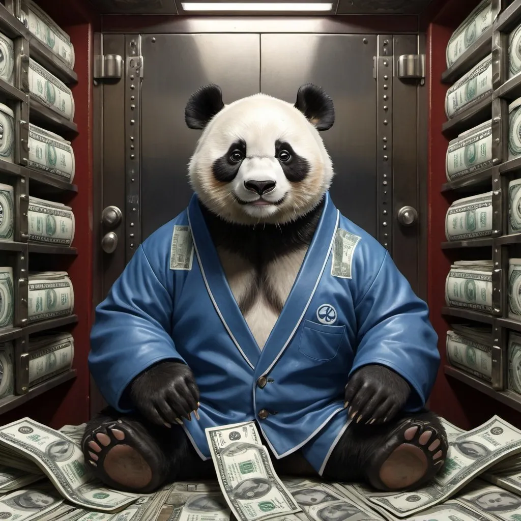 Prompt: stunning cinematic and hyper detailed centered face and shoulder portrait of anthropomorphic panda wearing a blue Tang Suit  sitting in a big bank vault full of dollar bill stacks, looking happy at the camera, an intricate and hyperdetailed painting in style of norman rockwell, Earl Moran, Tjalf Sparnaay, extremely high detailed immaculate image (1.3) trending on artstation, deep colors, ZBrush Central, CGSociety, UHD"