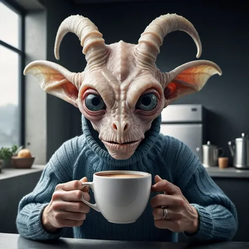 Prompt: hyperrealistic iconic creative professional Photo by Tim Flach of a awe inspiring anthropomorphic horned deep-sea alien creature with elongated neck in a in a modern concrete kitchen background, in a wool sweater, is holding a espresso coffee,  photo-realistic , perfect detailed eyes, Intense look at the camera, alluring ,detailed features, , Vibrant saturated tones,extremely high detailed immaculate image,Sony Alpha 1 35mm f8, , volumetric light, professional retouched photo, UHD
