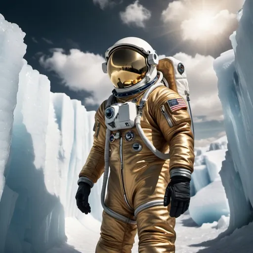 Prompt: highly detailed hyperrealistic photo of a Highly advanced astronaut wearing spacesuit and a helmet with gold coated visor, standing on the edge of a ice canyon wall, dramatic clouds in the background, , photorealistic , Leica 85mm f4, volumetric light, hard shadows, faded colors