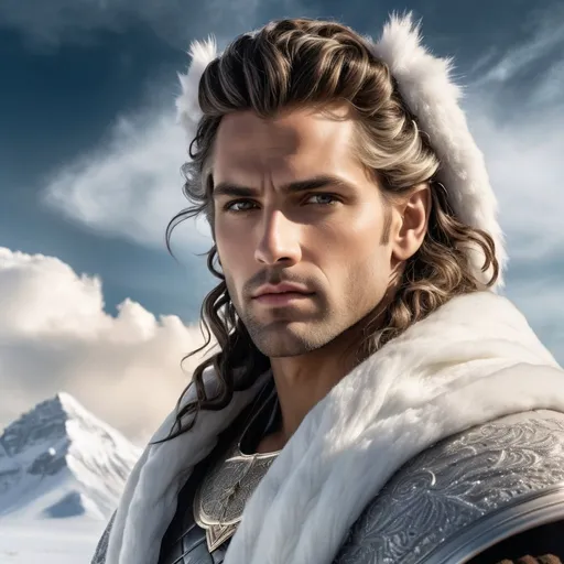 Prompt: An hyper-realistic photo of a greeck male god representing the winter season. He faces the camera, wearing god clothes. He gazes directly at the viewer with a fierce expression. The outdoor lighting is soft and warm, with a clear sky and subtle clouds in the background. "