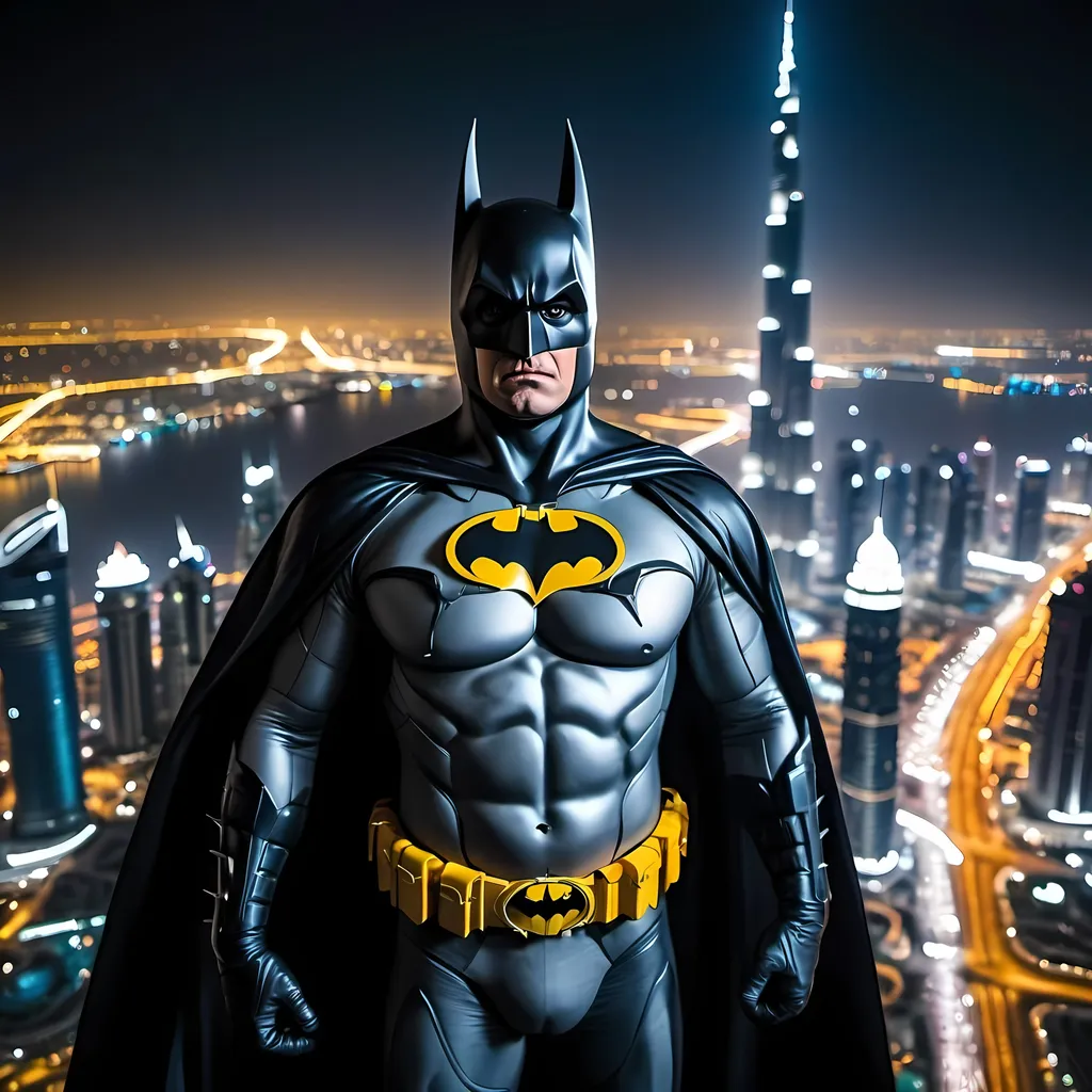 Prompt: Create an image of batman and robin standing on burj khalifa. it is a close up image with high resolution shot on a canon d6300 with front lightining