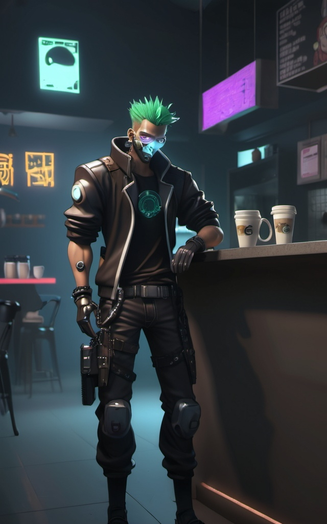 Prompt: Anime cyberpunk style, man in coffee shop, highly detailed, HD, dark background