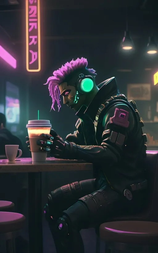 Prompt: Anime cyberpunk style, man in coffee shop, highly detailed, HD, dark background