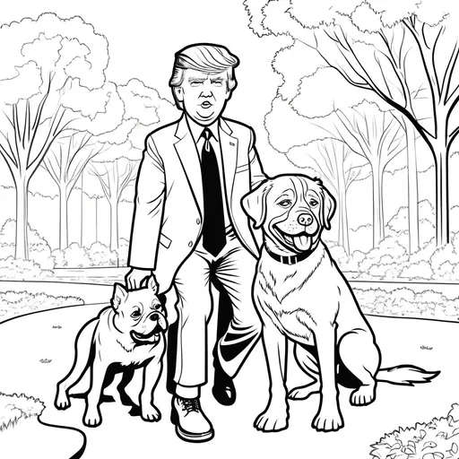 Prompt: Funny Donald Trump
 coloring book page, boy with his dog in the park, line art, solid white background