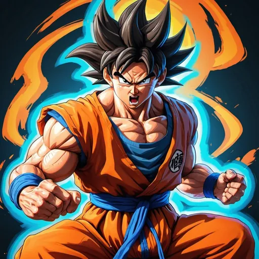 Prompt: GTA-style illustration of Goku, vibrant and dynamic, intense action pose, high quality, video game style, vibrant colors, dynamic motion, detailed facial features, energy aura, power-up effects, dramatic lighting, professional, action-packed, intense battle, cinematic, high impact, dynamic composition, powerful energy, anime style, martial arts, vibrant colors, explosive energy, detailed clothing, intense expression