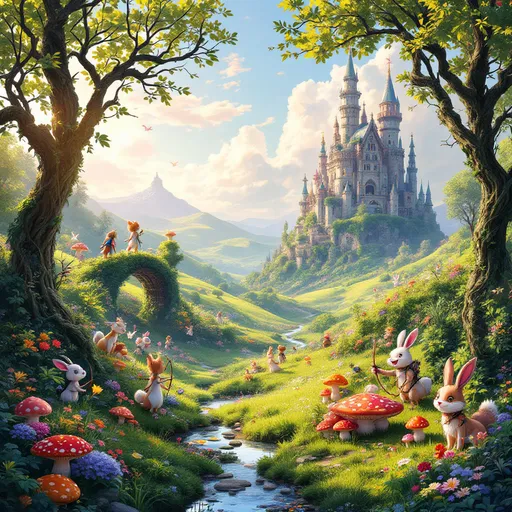 Prompt: Ghibli-inspired fantasy landscape, lush green hills, whimsical characters, soft pastel colors, enchanting forest, dreamlike atmosphere, magical creatures, warm sunlight filtering through trees, childlike wonder, intricate details, serene and peaceful scene, ultra-detailed, 4K resolution.