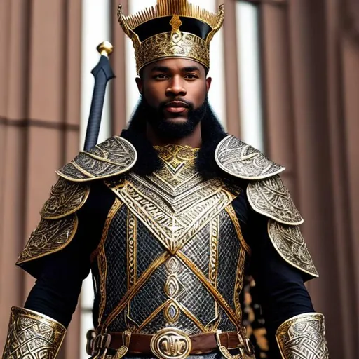Prompt: viking African American man  king with intricate armor vector crown metallic  sword throne hyper-realistic coloring book  sword
