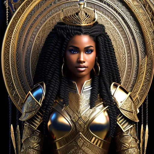 Prompt: Valkyrie African American Woman shield maiden  queen with intricate armor vector crown metallic
beautifully braided hair  jewelry sword throne hyper-realistic coloring book sitting on a throne with a sword logo

