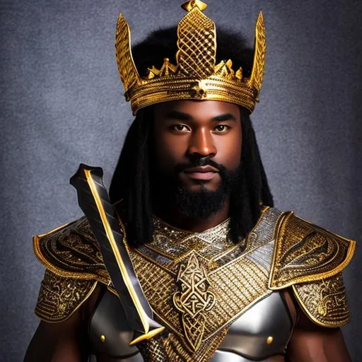 Prompt: African American man viking  king with intricate armor vector crown metallic  sword throne hyper-realistic sword
