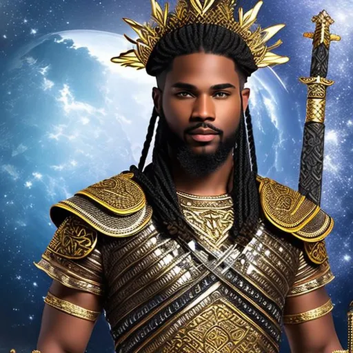 Prompt: viking African American man  king with intricate armor vector crown metallic braided hair  jewelry sword throne hyper-realistic coloring book  sword
