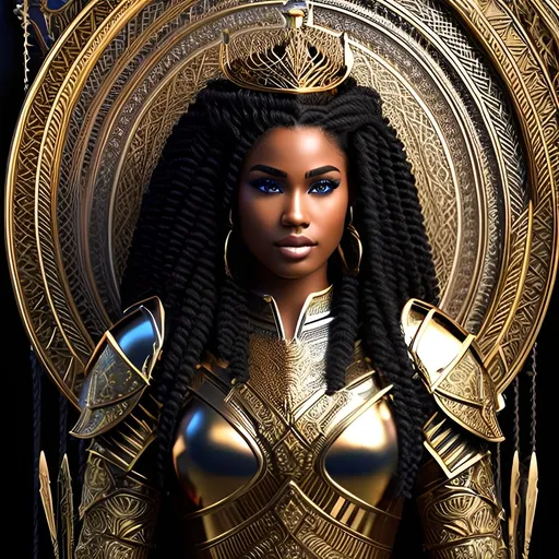 Prompt: Valkyrie African American Woman shield maiden  queen with intricate armor vector crown metallic
beautifully braided hair  jewelry sword throne hyper-realistic coloring book sitting on a throne with a sword logo

