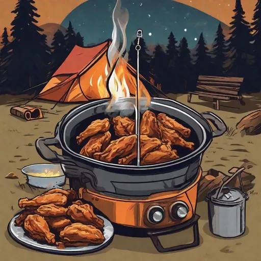 Prompt: Logo: a deep fryer pot cooking chicken wings over a fire at a campsite. a pop up camper in the background at night. 