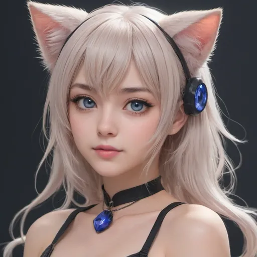 Prompt: create an image of an anime character with cat ears and tail, her eyes are bright like a sapphire and super beautiful

