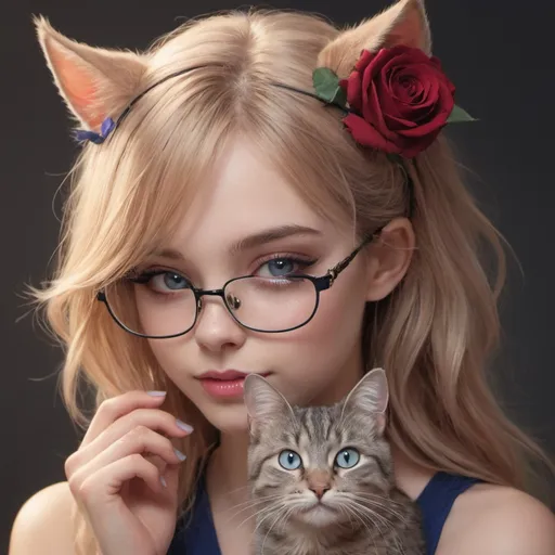 Prompt: a beautiful girl with sapphire eyes, smelling a rose, with cat ears, wearing glasses
