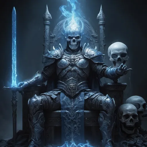 Prompt: create an image of a warrior with armor covered in blue fire, in his right hand a sword with divine light, and in his left hand the skull of his enemy, sitting on his throne of bones, with eyes as blue as a sapphire

