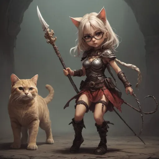 Prompt: make a warrior with little clothing, and with cat ears and tail but with her bravery in combat with her skull whip, and her raiban glasses on her head, stepping on the bodies of her enemies
