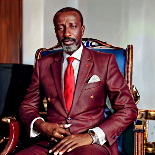 Prompt: An official portrait of a 50-year old Male Songhai president Issa Touré in 2019, wearing a suit and red tie, sitting on a antique chair. 