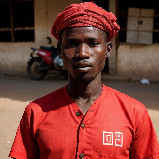 Prompt:  Portrait of a 30 year old male  songhai vendor in Gao wearing red graphic shirt 