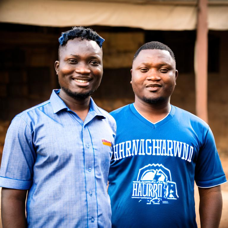 Prompt: Portrait of a 33 year old male songhai vendor in downtown Gao wearing blue graphic shirt with "Harvard" Logo. Shot on Canon EOS  