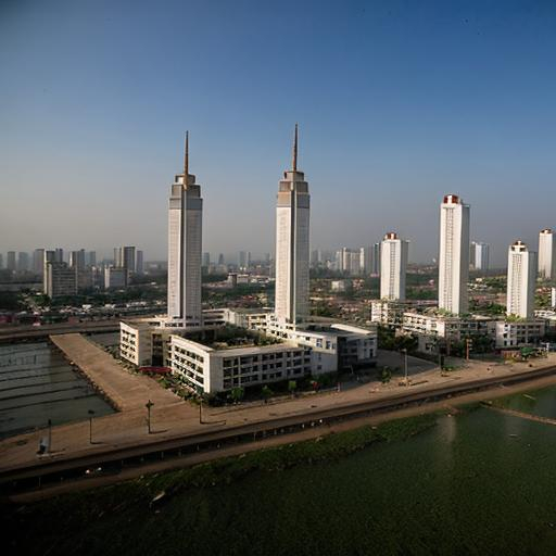 Prompt: Landscape of a Downtown Songhai city of Gao with modern contemporary office buildings, mosques and apartments